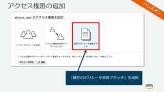 アクセス権限の追加
「既存のポリシーを直接アタッチ」を選択
 