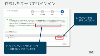 作成したユーザでサインイン
1. パスワードを
表⽰してコピー
2. サインインリンクをクリック
(⾃動でログアウトします)
 