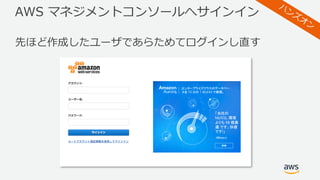 AWS マネジメントコンソールへサインイン
先ほど作成したユーザであらためてログインし直す
 