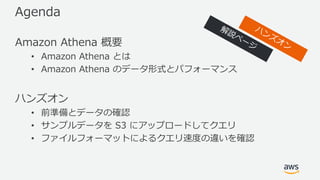 Agenda
Amazon Athena 概要
• Amazon Athena とは
• Amazon Athena のデータ形式とパフォーマンス
ハンズオン
• 前準備とデータの確認
• サンプルデータを S3 にアップロードしてクエリ
• ファイルフォーマットによるクエリ速度の違いを確認
 