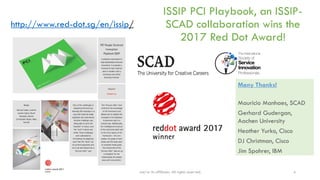 2017 ISSIP and/or its affiliates. All rights reserved. 4
ISSIP PCI Playbook, an ISSIP-
SCAD collaboration wins the
2017 Red Dot Award!
http://www.red-dot.sg/en/issip/
Many Thanks!
Mauricio Manhaes, SCAD
Gerhard Gudergan,
Aachen University
Heather Yurko, Cisco
DJ Christman, Cisco
Jim Spohrer, IBM
 