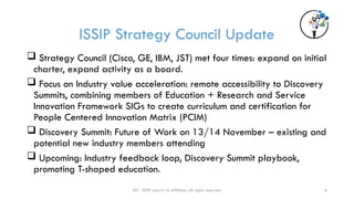 6
ISSIP Strategy Council Update
 Strategy Council (Cisco, GE, IBM, JST) met four times: expand on initial
charter, expand activity as a board.
 Focus on Industry value acceleration: remote accessibility to Discovery
Summits, combining members of Education + Research and Service
Innovation Framework SIGs to create curriculum and certification for
People Centered Innovation Matrix (PCIM)
 Discovery Summit: Future of Work on 13/14 November – existing and
potential new industry members attending
 Upcoming: Industry feedback loop, Discovery Summit playbook,
promoting T-shaped education.
201 ISSIP and/or its affiliates. All rights reserved.
 