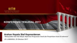 Arahan Kepala Staf Kepresidenan
“Mewujudkan Hak-Hak Rakyat: Reformasi Penguasaan Tanah dan Pengelolaan Hutan di Indonesia”
JS LUWANSA, 25 Oktober 2017
KONFERENSI TENURIAL 2017
 