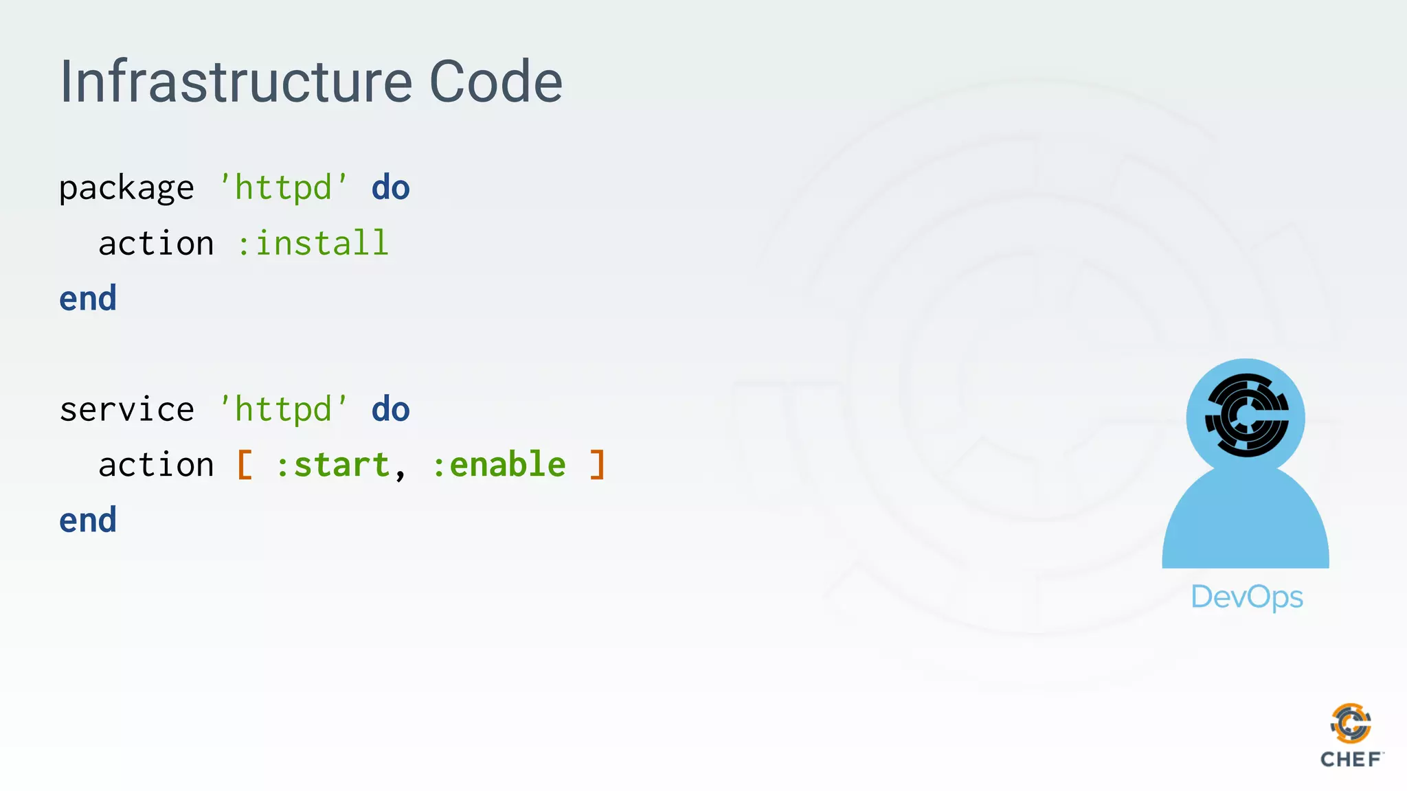Infrastructure Code
package 'httpd' do
action :install
end
service 'httpd' do
action [ :start, :enable ]
end
 