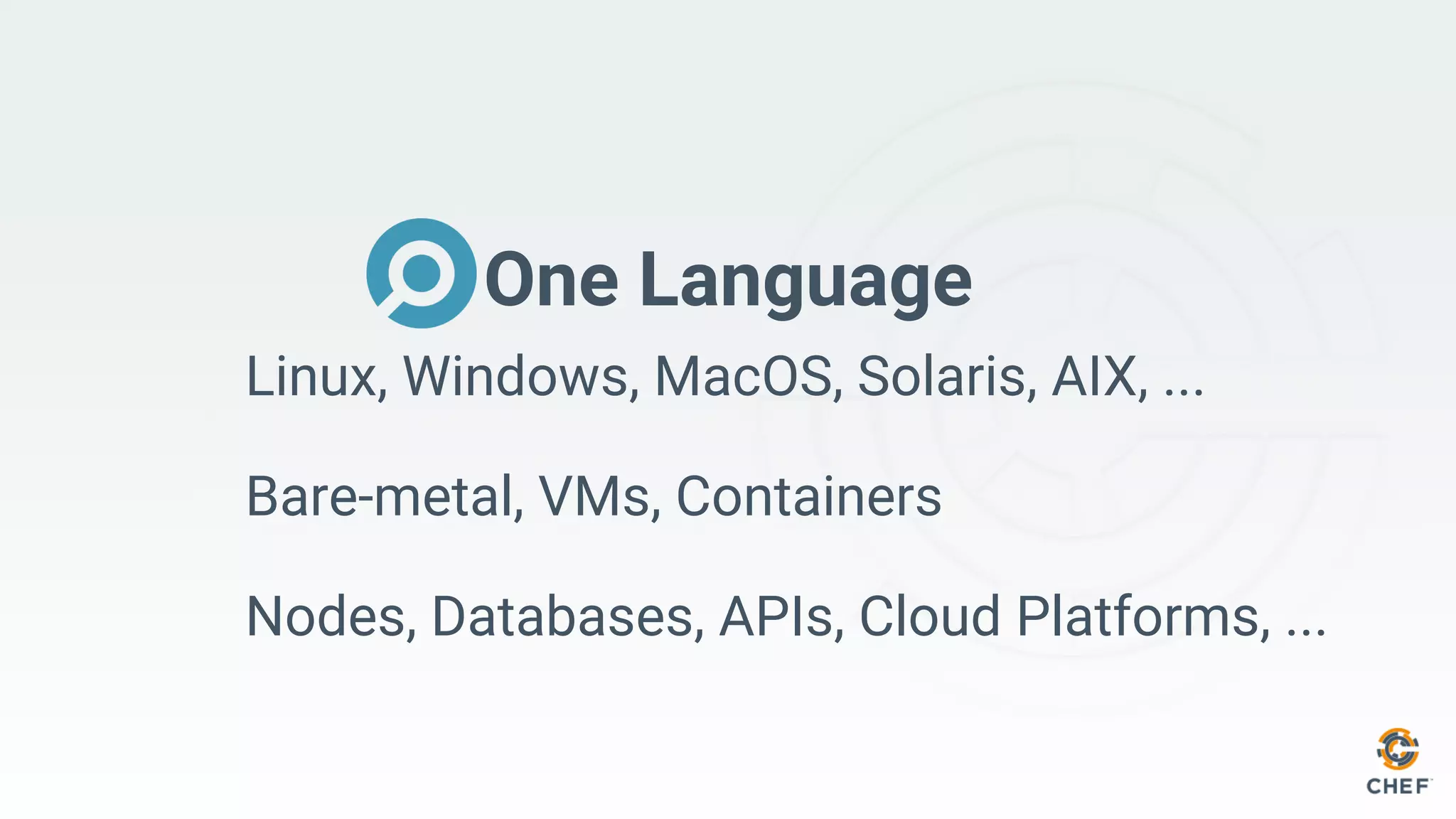One Language
Linux, Windows, MacOS, Solaris, AIX, ...
Bare-metal, VMs, Containers
Nodes, Databases, APIs, Cloud Platforms, ...
 