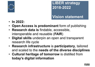 LIBER strategy
2018-2022
Vision statement
• In 2022:
• Open Access is predominant form of publishing
• Research data is findable, accessible,
interoperable and reusable (FAIR)
• Digital skills underpin an open and transparent
research life cycle
• Research infrastructure is participatory, tailored
and scaled to the needs of the diverse disciplines
• Cultural heritage of tomorrow is distilled from
today’s digital information
 