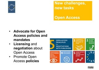 New challenges,
new tasks
Open Access
• Advocate for Open
Access policies and
mandates
• Licensing and
negotiation about
Open Access
• Promote Open
Access policies
 