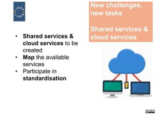 New challenges,
new tasks
Shared services &
cloud services• Shared services &
cloud services to be
created
• Map the available
services
• Participate in
standardisation
 