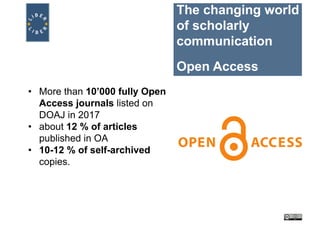 The changing world
of scholarly
communication
Open Access
• More than 10’000 fully Open
Access journals listed on
DOAJ in 2017
• about 12 % of articles
published in OA
• 10-12 % of self-archived
copies.
 