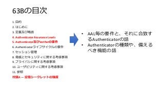 63Bの目次
1. 目的
2. はじめに
3. 定義及び略語
4. Authenticator Assurance Levels
5. Authenticator及びVerifierの要件
6. Authenticatorライフサイクルの要件
7. セッション管理
8. 脅威とセキュリティに関する考慮事項
9. プライバシに関する考慮事項
10. ユーザビリティに関する考慮事項
11. 参照
付録A — 記憶シークレットの強度
• AAL毎の要件と、それに合致す
るAuthenticatorの話
• Authenticatorの種類や、備える
べき機能の話
 