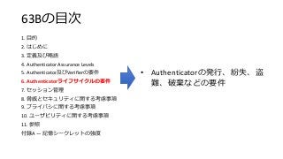 63Bの目次
1. 目的
2. はじめに
3. 定義及び略語
4. Authenticator Assurance Levels
5. Authenticator及びVerifierの要件
6. Authenticatorライフサイクルの要件
7. セッション管理
8. 脅威とセキュリティに関する考慮事項
9. プライバシに関する考慮事項
10. ユーザビリティに関する考慮事項
11. 参照
付録A — 記憶シークレットの強度
• Authenticatorの発行、紛失、盗
難、破棄などの要件
 