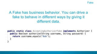 11
A Fake has business behavior. You can drive a
fake to behave in different ways by giving it
different data.
Fake
 