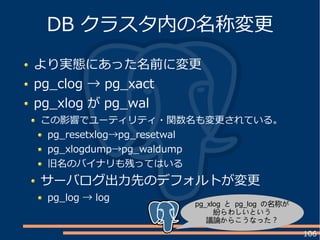 106
より実態にあった名前に変更
pg_clog → pg_xact
pg_xlog が pg_wal
この影響でユーティリティ・関数名も変更されている。
pg_resetxlog→pg_resetwal
pg_xlogdump→pg_waldump
旧名のバイナリも残ってはいる
サーバログ出力先のデフォルトが変更
pg_log → log
DB クラスタ内の名称変更
pg_xlog と pg_log の名称が
紛らわしいという
議論からこうなった？
 