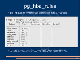 110
pg_hba.conf の反映内容を参照できるビューが追加
pg_hba_rules
$ psql -U postgres -c "d pg_hba_file_rules"
View "pg_catalog.pg_hba_file_rules"
Column | Type | Collation | Nullable | Default
-------------+---------+-----------+----------+---------
line_number | integer | | |
type | text | | |
database | text[] | | |
user_name | text[] | | |
address | text | | |
netmask | text | | |
auth_method | text | | |
options | text[] | | |
error | text | | |
このビューはスーパーユーザ権限がないと参照不可。
 