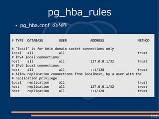 111
pg_hba.conf の内容
pg_hba_rules
# TYPE DATABASE USER ADDRESS METHOD
# "local" is for Unix domain socket connections only
local all all trust
# IPv4 local connections:
host all all 127.0.0.1/32 trust
# IPv6 local connections:
host all all ::1/128 trust
# Allow replication connections from localhost, by a user with the
# replication privilege.
local replication all trust
host replication all 127.0.0.1/32 trust
host replication all ::1/128 trust
 