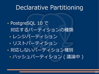 63
PostgreSQL 10 で
対応するパーティションの種類
レンジパーティション
リストパーティション
対応しないパーティション種別
ハッシュパーティション ( 議論中 )
Declarative Partitioning
 