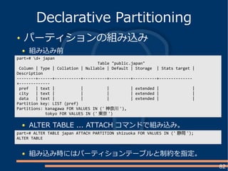 82
パーティションの組み込み
組み込み前
Declarative Partitioning
part=# d+ japan
Table "public.japan"
Column | Type | Collation | Nullable | Default | Storage | Stats target |
Description
--------+------+-----------+----------+---------+----------+--------------
+-------------
pref | text | | | | extended | |
city | text | | | | extended | |
data | text | | | | extended | |
Partition key: LIST (pref)
Partitions: kanagawa FOR VALUES IN (' 神奈川 '),
tokyo FOR VALUES IN (' 東京 ')
ALTER TABLE ... ATTACH コマンドで組み込み。
part=# ALTER TABLE japan ATTACH PARTITION shizuoka FOR VALUES IN (' 静岡 ');
ALTER TABLE
組み込み時にはパーティションテーブルと制約を指定。
 