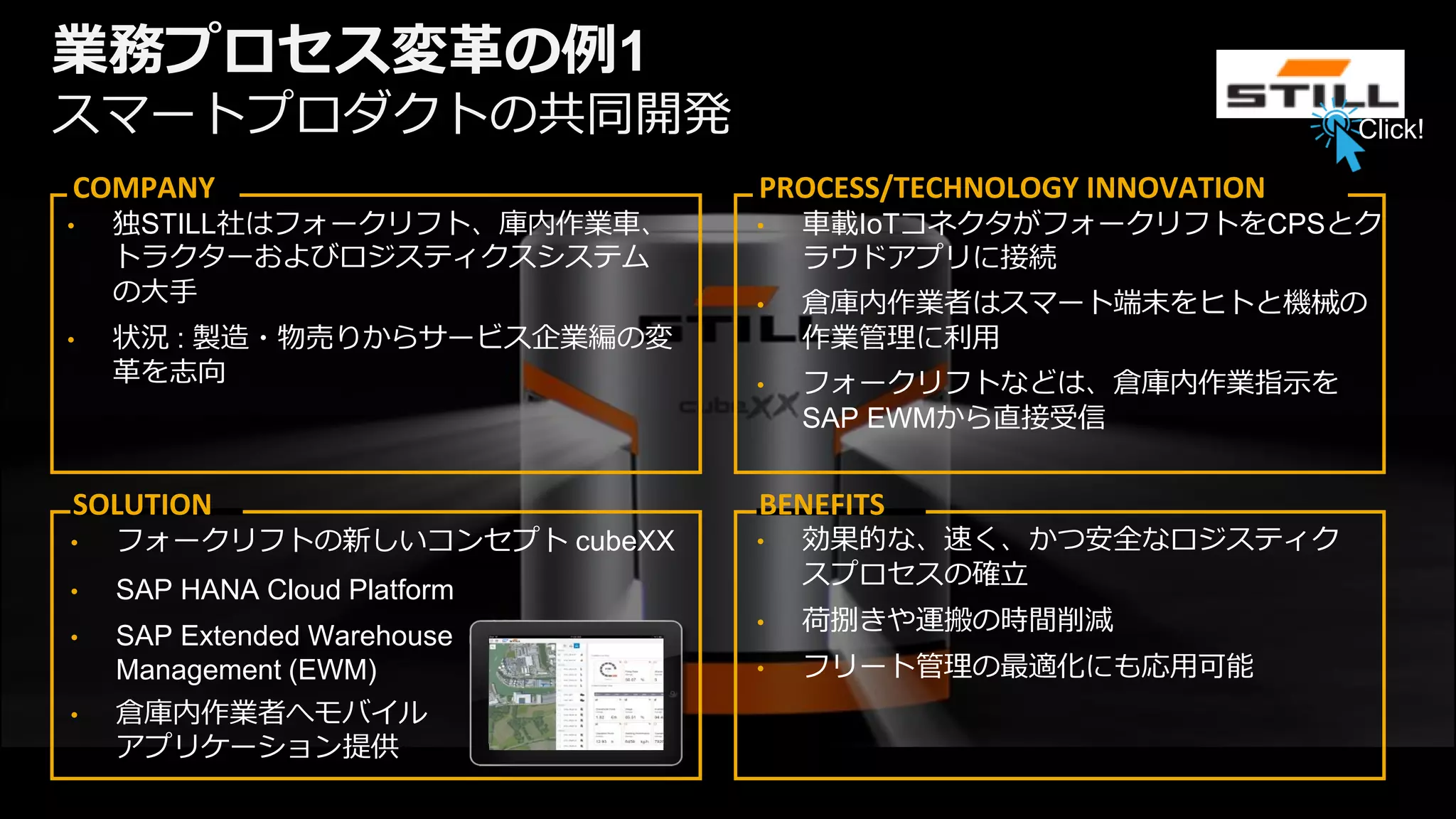 49
業務プロセス変革の例1
スマートプロダクトの共同開発
COMPANY PROCESS/TECHNOLOGY INNOVATION
• 独STILL社はフォークリフト、庫内作業車、
トラクターおよびロジスティクスシステム
の大手
• 状況 : 製造・物売りからサービス企業編の変
革を志向
• フォークリフトの新しいコンセプト cubeXX
• SAP HANA Cloud Platform
• SAP Extended Warehouse
Management (EWM)
• 倉庫内作業者へモバイル
アプリケーション提供
• 効果的な、速く、かつ安全なロジスティク
スプロセスの確立
• 荷捌きや運搬の時間削減
• フリート管理の最適化にも応用可能
• 車載IoTコネクタがフォークリフトをCPSとク
ラウドアプリに接続
• 倉庫内作業者はスマート端末をヒトと機械の
作業管理に利用
• フォークリフトなどは、倉庫内作業指示を
SAP EWMから直接受信
SOLUTION BENEFITS
Click!
 