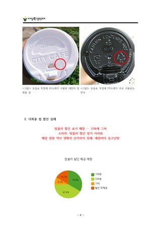 - 4 -
2. 다회용 컵 할인 실태
텀블러 할인 표기 매장 … 15%에 그쳐
소비자, 텀블러 할인 알기 어려워
매장 점원 역시 명확히 인지하지 못해, 매장마다 중구난방
<그림1> 온음료 뚜껑에 PP소재가 사용된 대만의 일
회용 컵
<그림2> 온음료 뚜껑에 PS소재가 주로 사용되는
한국
 