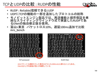 TCPとUDPの比較 : RUDPの性能
• RUDP : Reliable(信頼できる) UDP
• UDPにTCPの機能の一部を追加したプロトコルの総称
• モノビットエンジン製品では、再送機能と順序保証を単
純なスライディングウインドウ式で実装したRUDPであ
るENetの独自修正版を使用。
• 富山>東京 パケットロス10%、遅延100ms追加で比較
mrs_bench
RUDP ENetTCP westwood
ACKパケットも連続ロスした場合はどちらも1000ms以上遅れることもある。
ENetは少し平均遅延が長いが健闘している
100
 
