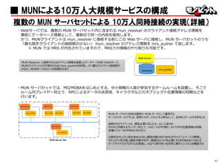 40
■ MUNによる10万人大規模サービスの構成
複数の MUN サーバセットによる 10万人同時接続の実現（詳細）
・Webサーバでは、複数の MUN サーバセット内に含まれる mun_resolver のクライアント接続アドレス情報を
事前にデータベース情報として、複数台で同一の内容を保持します。
かつ、MUNクライアントは mun_resolver に接続する前にこの Web サーバに接続し、MUN サーバセットのうち
「最も既存クライアントの接続数の少ない」 mun_resolver のアドレス情報を mrs_pusher で返します。
※ MUN では MRS が内包されていますので、MRSでの情報のやり取りも可能です。
・MUN サーバセットでは、MO/MOBAをはじめとする、中小規模の人数が参加するゲームルームを設置し、そこで
ルーム内プレイヤー同士で、RPCによるデータの送受信、キャラクタなどのオブジェクト位置情報の同期などを
行います。
MUN Resolver に接続するためのアドレス情報を退避したデータベースを持つWebサーバ。
MUNクライアントとのやり取りのためにmrs_pusherを利用し、かつ最もクライアント接続数が
少ない、MUNサーバセットへの誘導を行なう
Web Server
mrs_pusherdatabase
MUN サーバセット自体は通常の MUN サーバとして運用する
サーバのスケールアウトは、原則このサーバセットを1単位として、全体をスケールする形をとる
接続するクライアントは、適宜必要に応じたルームに入室させ、
その中に所属するプレイヤー同士で、メッセージのやり取り、キャラクタの位置情報の同期、
各種パラメータの共有などを行なう。
比較的セキュリティ性を求められない通信対戦/MOであればクライアントベースで開発し、
セキュリティ性の高い通信対戦/MOや、複雑なロジックを必要とするMOBAなどであれば
サーバサイドでのプログラムを実装し、なるべく保守性・安定性に優れたシステムを構築する
 