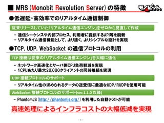 ■ MRS(Monobit Revolution Server)の特徴
●低遅延・高効率でのリアルタイム通信制御
- 通信シーケンスや内部プロセス、利用者に提供するAPI等を刷新
- リアルタイム通信機能として、より速く、よりシンプルな設計を実現
従来リリースしていた「リアルタイム通信エンジン」をゼロから見直して作成
●TCP, UDP, WebSocket の通信プロトコルの利用
- ネットワーク高速化とサーバ側CPU負荷軽減を実現
- 1CPUあたり最大20,000クライアントの同時接続を実現
TCP 接続は従来の「リアルタイム通信エンジン」を大幅に強化
UDP 接続プロトコルのサポート
- リアルタイム性の求められるデータの送受信に最適なUDP/RUDPを使用可能
WebSocket 接続プロトコルのサポート(ver.1.1.0 以降)
- PhantomJS(http://phantomjs.org/)を利用した自動テストが可能
高速処理によるインフラコストの大幅低減を実現
- 5 -
 