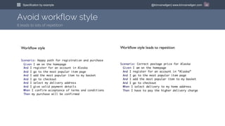 @kimvanwilgen| www.kimvanwilgen.comSpecification by example 25
Avoid workflow style
It leads to lots of repetition
 