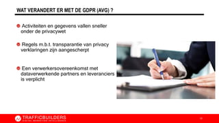 WAT VERANDERT ER MET DE GDPR (AVG) ?
Activiteiten en gegevens vallen sneller
onder de privacywet
Regels m.b.t. transparantie van privacy
verklaringen zijn aangescherpt
Een verwerkersovereenkomst met
dataverwerkende partners en leveranciers
is verplicht
12
 