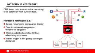 WAT BEREIK JE MET EEN DMP?
DMP levert data waarop online marketing
tools beter hun werk kunnen doen.
Hierdoor is het mogelijk o.a.:
Betere remarketing campagnes draaien
Geautomatiseerd doelgroepen,
dynamisch, targetten
Meer resultaat uit dezelfde (online)
advertising euro halen
Inzicht krijgen in het gedrag van eigen
doelgroep
19
 