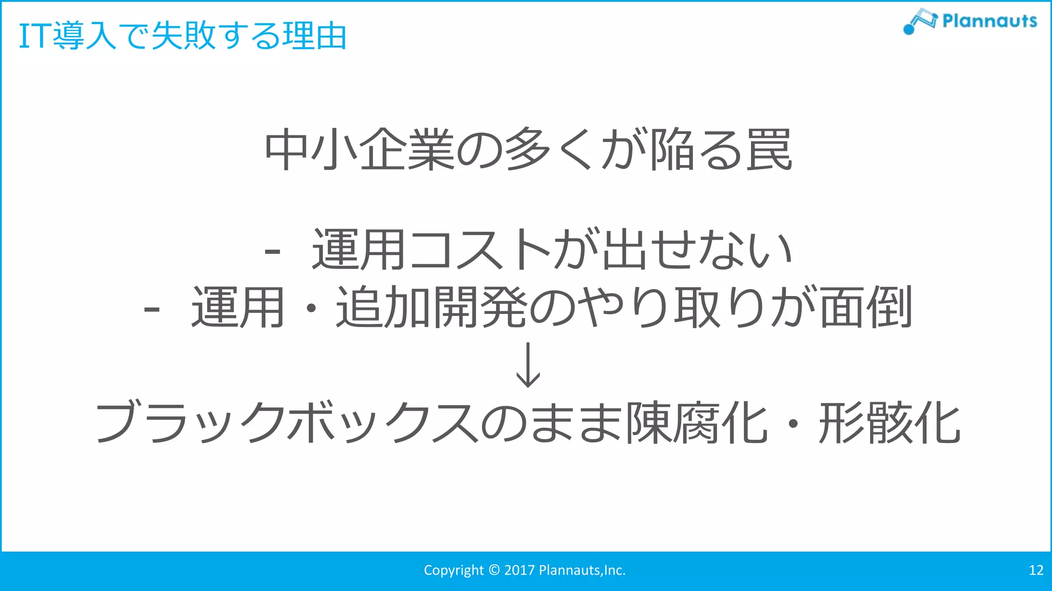 Copyright © 2017 Plannauts,Inc. 12
- 運用コストが出せない
- 運用・追加開発のやり取りが面倒
↓
ブラックボックスのまま陳腐化・形骸化
中小企業の多くが陥る罠
IT導入で失敗する理由
 