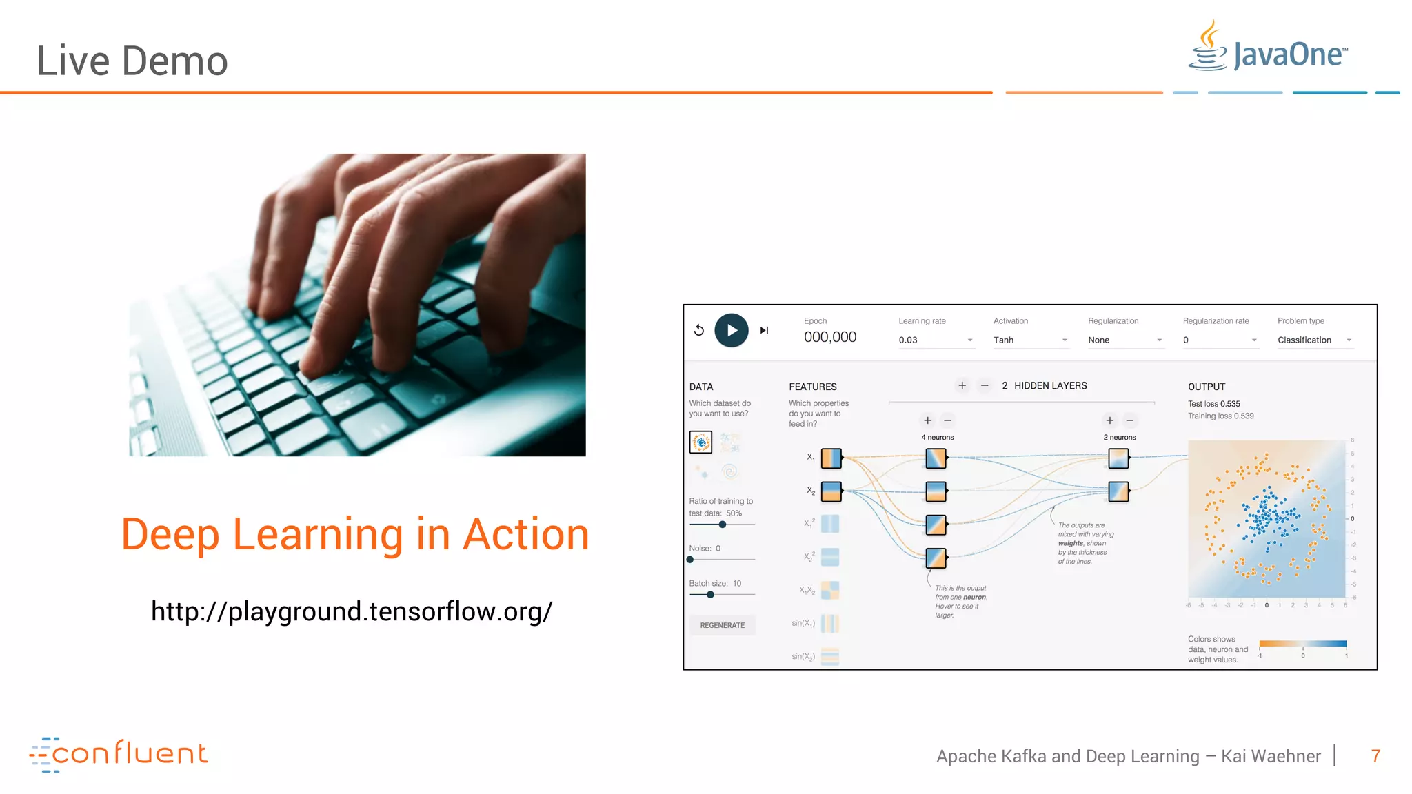 7Apache Kafka and Deep Learning – Kai Waehner Live Demo Deep Learning in Action http://playground.tensorflow.org/ 