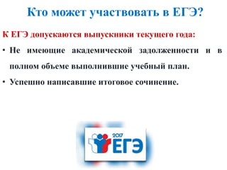 Кто может участвовать в ЕГЭ?
К ЕГЭ допускаются выпускники текущего года:
• Не имеющие академической задолженности и в
полном объеме выполнившие учебный план.
• Успешно написавшие итоговое сочинение.
 