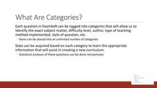 What Are Categories?
Each question in ExamSoft can be tagged into categories that will allow us to
identify the exact subject matter, difficulty level, author, type of teaching
method implemented, style of question, etc.
◦ Items can be placed into an unlimited number of categories
Stats can be acquired based on each category to learn the appropriate
information that will assist in creating a new curriculum.
◦ Statistical analyses of these questions can be done retroactively
 