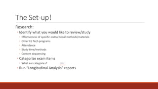 The Set-up!
Research:
◦ Identify what you would like to review/study
◦ Effectiveness of specific instructional methods/materials
◦ Other Ed Tech programs
◦ Attendance
◦ Study time/methods
◦ Content sequencing
◦ Categorize exam items
◦ What are categories?
◦ Run “Longitudinal Analysis” reports
 