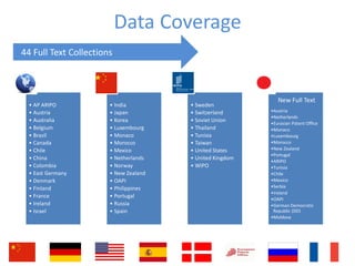 44 Full Text Collections
Data Coverage
• AP ARIPO
• Austria
• Australia
• Belgium
• Brazil
• Canada
• Chile
• China
• Colombia
• East Germany
• Denmark
• Finland
• France
• Ireland
• Israel
• India
• Japan
• Korea
• Luxembourg
• Monaco
• Morocco
• Mexico
• Netherlands
• Norway
• New Zealand
• OAPI
• Philippines
• Portugal
• Russia
• Spain
• Sweden
• Switzerland
• Soviet Union
• Thailand
• Tunisia
• Taiwan
• United States
• United Kingdom
• WIPO
•Austria
•Netherlands
•Eurasian Patent Office
•Monaco
•Luxembourg
•Morocco
•New Zealand
•Portugal
•ARIPO
•Tunisia
•Chile
•Mexico
•Serbia
•Ireland
•OAPI
•German Democratic
Republic (DD)
•Moldova
New Full Text
 