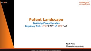 COPYRIGHT © 2017 BY MOLECULAR CONNECTIONS PVT. LTD. ALL RIGHTS RESERVED
Patent Landscape
Redefining Process Execution
Proprietary Tool – MCSCAPE™ & MCPAT ™
Asish Patra
Molecular Connections
1
 