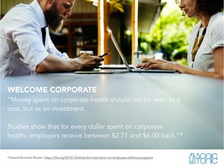 WELCOME CORPORATE
“Money spent on corporate health should not be seen as a
cost, but as an investment.
Studies show that for every dollar spent on corporate
health, employers receive between $2.71 and $6.00 back.”*
*Harvard Business Review: https://hbr.org/2010/12/whats-the-hard-return-on-employee-wellness-programs
 