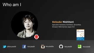 Who am I
Keisuke Nishitani
Specialist Solutions Architect, Serverless
Amazon Web Service Japan K.K
@Keisuke69 Keisuke69 Keisuke69 Keisuke69Keisuke69x
 