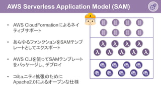 AWS Serverless Application Model (SAM)
• AWS CloudFormationによるネイ
ティブサポート
• あらゆるファンクションをSAMテンプ
レートとしてエクスポート
• AWS CLIを使ってSAMテンプレート
をパッケージし、デプロイ
• コミュニティ拡張のために
Apache2.0によるオープンな仕様
 