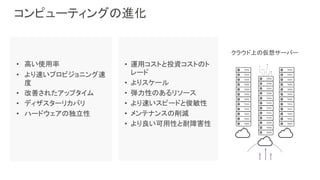 コンピューティングの進化
データセンタ内の
物理サーバ
データセンタ内の
仮想サーバ
• 高い使用率
• より速いプロビジョニング速
度
• 改善されたアップタイム
• ディザスターリカバリ
• ハードウェアの独立性
• 運用コストと投資コストのト
レード
• よりスケール
• 弾力性のあるリソース
• より速いスピードと俊敏性
• メンテナンスの削減
• より良い可用性と耐障害性
クラウド上の仮想サーバー
 