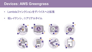 Devices: AWS Greengrass
• Lambdaファンクションをデバイスへと拡張
• 低レイテンシ、ニアリアルタイム
 