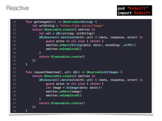 pod ‘RxSwift’
import RxSwift
Reactive
 
