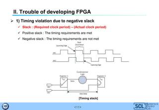 <11>
II. Trouble of developing FPGA
 1) Timing violation due to negative slack
 Slack : (Required clock period) – (Actual clock period)
 Positive slack : The timing requirements are met
 Negative slack : The timing requirements are not met
[Timing slack]
 
