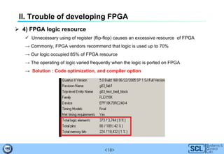 <18>
II. Trouble of developing FPGA
 4) FPGA logic resource
 Unnecessary using of register (flip-flop) causes an excessive resource of FPGA
→ Commonly, FPGA vendors recommend that logic is used up to 70%
→ Our logic occupied 85% of FPGA resource
→ The operating of logic varied frequently when the logic is ported on FPGA
→ Solution : Code optimization, and compiler option
 