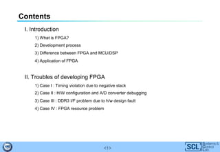 <1>
Contents
I. Introduction
1) What is FPGA?
2) Development process
3) Difference between FPGA and MCU/DSP
4) Application of FPGA
II. Troubles of developing FPGA
1) Case I : Timing violation due to negative slack
2) Case II : H/W configuration and A/D converter debugging
3) Case III : DDR3 I/F problem due to h/w design fault
4) Case IV : FPGA resource problem
 