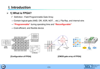 <3>
I. Introduction
 1) What is FPGA?
 Definition : Field Programmable Gate Array
→ Contain logical-gate (AND, OR, XOR, NOT… etc.), Flip-flop, and internal wire
→ “Programmable” during operating time and “Reconfigurable”
→ Cost-efficient, and flexible device
[Configuration of FPGA] [CMOS gate array of FPGA]
 