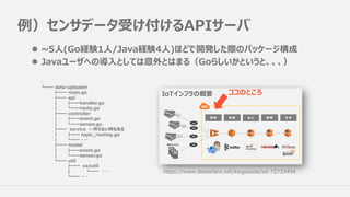 例）センサデータ受け付けるAPIサーバ
l ~5⼈(Go経験1⼈/Java経験4⼈)ほどで開発した際のパッケージ構成
l Javaユーザへの導⼊としては意外とはまる（Goらしいかというと、、、）
・
┗━━ data-uploader
┣━━ main.go
┣━━ api
┃ ┣━━handler.go
┃ ┗━━route.go
┣━━ controller
┃ ┣━━event.go
┃ ┗━━sensor.go
┣━━ service ←作らない時もある
┃ ┣━━ topic_routing.go
┃ ┗━━ ・・・
┣━━ model
┃ ┣━━event.go
┃ ┗━━sensor.go
┗━━ util
┣━━ xxxutil
┃ ┗━━ ・・・
┗━━ ・・・
https://www.slideshare.net/keigosuda/iot-72733494
ココのところ
 