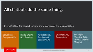 Copyright © 2017, Oracle and/or its affiliates. All rights reserved. | 23
Serverless
Compute APIs
Application &
Database &
Security APIs
Channel APIs,
Connectors
Dialog Engine
NLU Services
Bot Mgmt
(Training Data,
Intents, Entities,
Models)
Every Chatbot framework include some portion of these capabilities
All chatbots do the same thing.
 