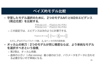 ベイズ的モデル比較
• 学習したモデル選択のために，2つのモデルM1とM2のエビデンス
（周辺尤度）を比較する．
– この設定では，エビデンスは次のように計算できる．
ただし， はモデルパラメータ数， はヘッセ行列の固有値．
• オッカムの剃刀：2つのモデルが同じ精度ならば，より単純なモデル
を選択すべきという指標．
– 第2項は，オッカム係数．
– 曲率の小さい（=flat minima）最小値のほうが，パラメータをデータに合わせ
る必要がないので単純になる．
P(M1|{y}, {x})
P(M2|{y}, {x})
=
P({y}|{x}; M1)
P({y}|{x}; M2)
P(M1)
P(M2)
P({y}|{x}; M) ⇡ exp
(
− C(!0) +
1
2
PX
i=1
ln(λi/λ)
!)
/
λiP
21
 