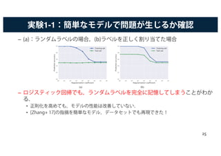 実験1-1：簡単なモデルで問題が生じるか確認
– (a)：ランダムラベルの場合，(b)ラベルを正しく割り当てた場合
– ロジスティック回帰でも，ランダムラベルを完全に記憶してしまうことがわか
る．
• 正則化を高めても，モデルの性能は改善していない．
• [Zhang+ 17]の指摘を簡単なモデル，データセットでも再現できた！
(a) (b)
25
 